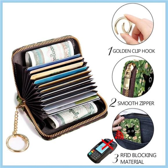 Credit Card Holder for Women, Wristlet Black Cat Flower - Picture 5 of 6